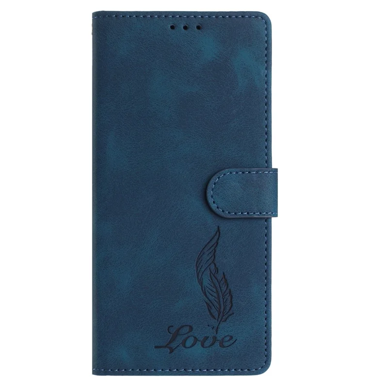 For iPhone 15 Pro Max Case Imprinted Feather PU Leather Wallet Phone Cover with Wrist Strap - Dark Blue