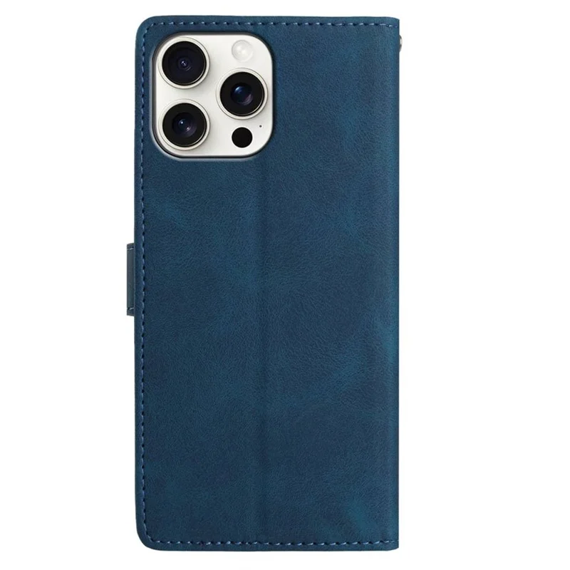 For iPhone 15 Pro Max Case Imprinted Feather PU Leather Wallet Phone Cover with Wrist Strap - Dark Blue