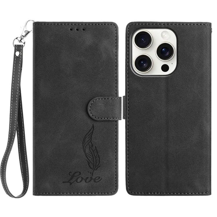 For iPhone 15 Pro Max Case Imprinted Feather PU Leather Wallet Phone Cover with Wrist Strap - Black