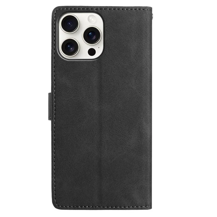 For iPhone 15 Pro Max Case Imprinted Feather PU Leather Wallet Phone Cover with Wrist Strap - Black