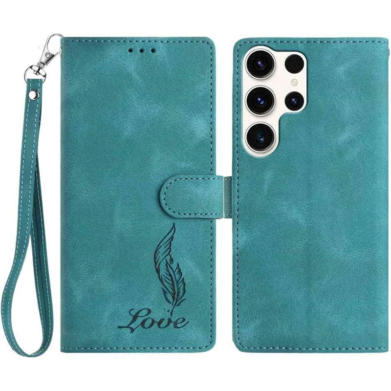For Samsung Galaxy S25 Ultra Case Imprinted Feather PU Leather Wallet Phone Cover with Wrist Strap - Green
