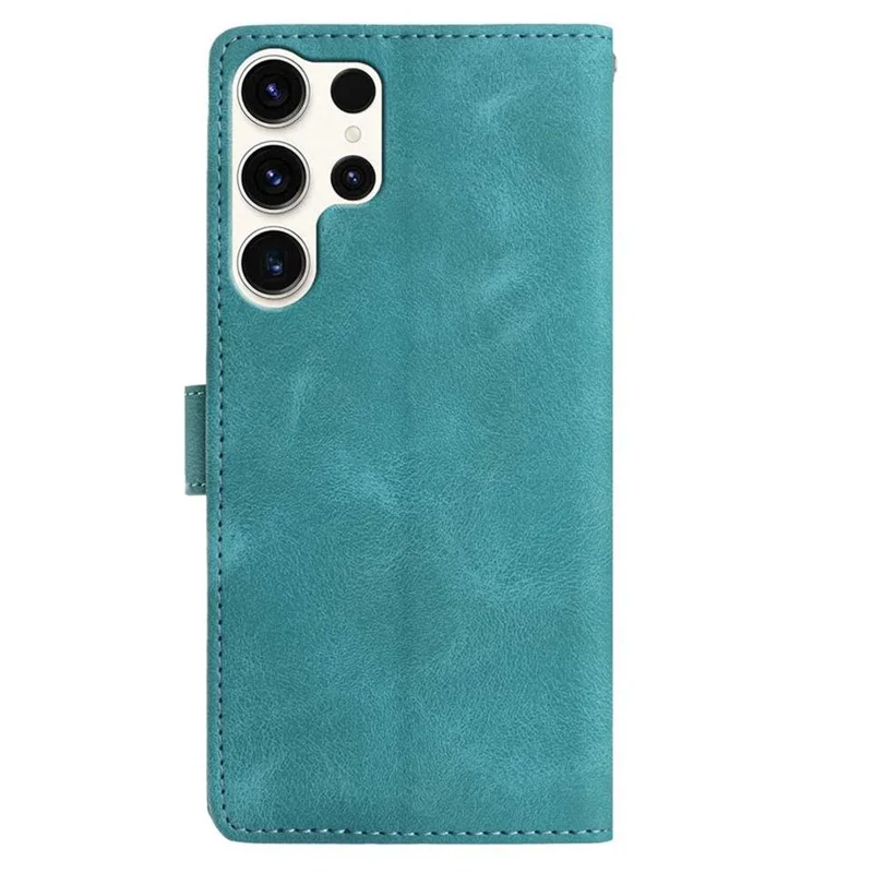 For Samsung Galaxy S25 Ultra Case Imprinted Feather PU Leather Wallet Phone Cover with Wrist Strap - Green