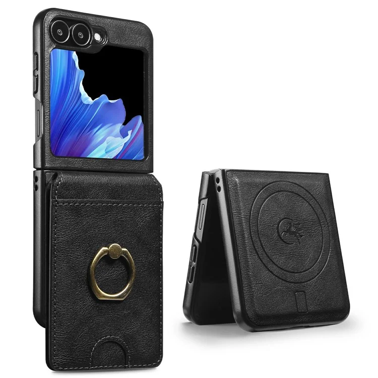 Para Samsung Galaxy Z Flip5 5G Funda magnética Carcasa de PC + PU con soporte para tarjetas desmontable - Negro