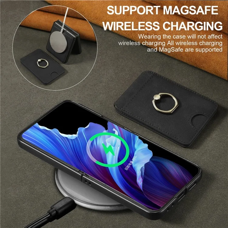 Para Samsung Galaxy Z Flip5 5G Funda magnética Carcasa de PC + PU con soporte para tarjetas desmontable - Negro