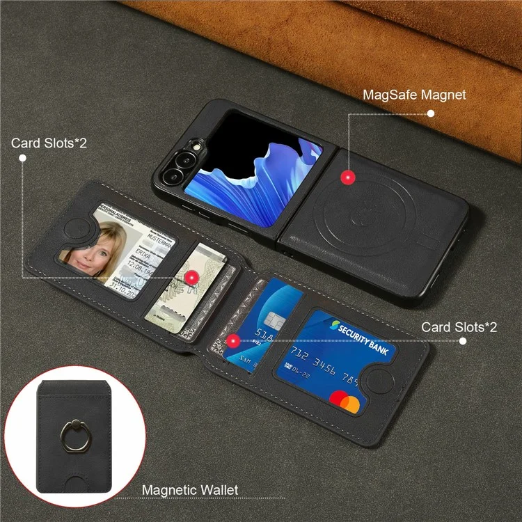 Para Samsung Galaxy Z Flip5 5G Funda magnética Carcasa de PC + PU con soporte para tarjetas desmontable - Negro