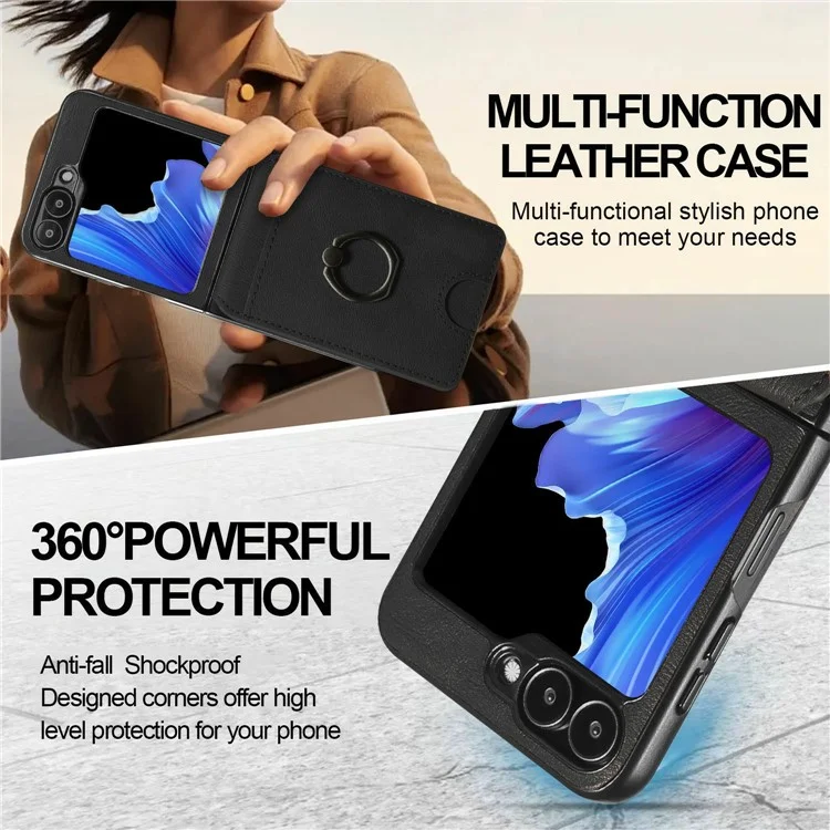 Para Samsung Galaxy Z Flip5 5G Funda magnética Carcasa de PC + PU con soporte para tarjetas desmontable - Negro