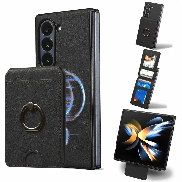 For Samsung Galaxy Z Fold5 5G Magnetic Case PC + PU Phone Back Cover with Detachable Card Holder - Black