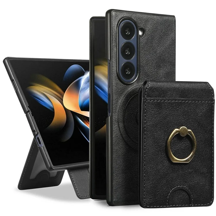 For Samsung Galaxy Z Fold5 5G Magnetic Case PC + PU Phone Back Cover with Detachable Card Holder - Black