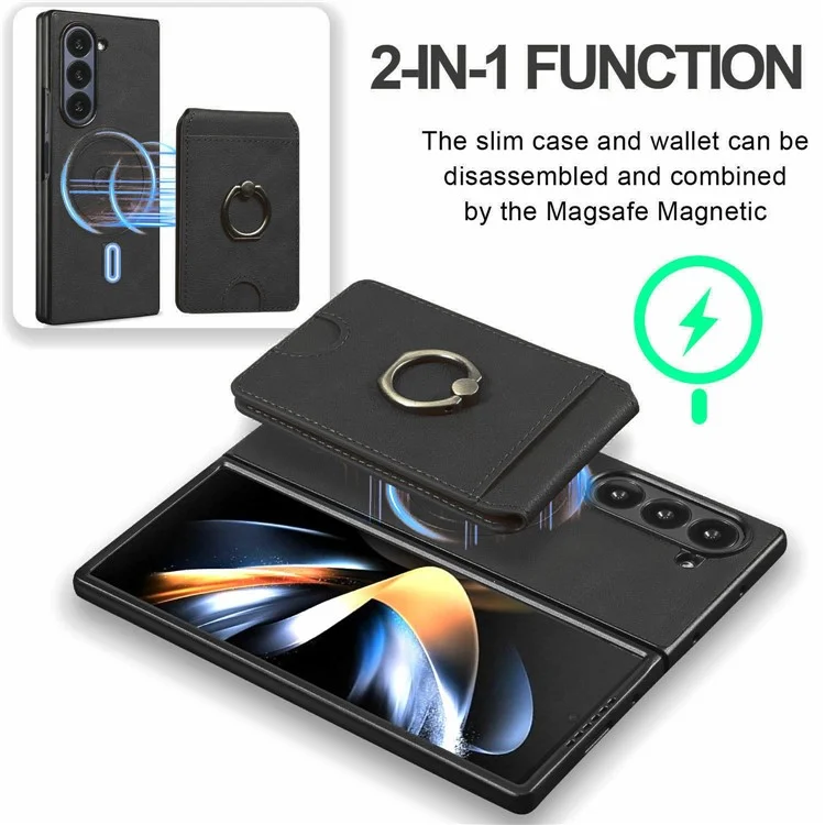 For Samsung Galaxy Z Fold5 5G Magnetic Case PC + PU Phone Back Cover with Detachable Card Holder - Black