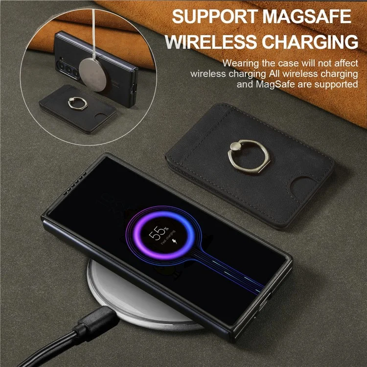 For Samsung Galaxy Z Fold5 5G Magnetic Case PC + PU Phone Back Cover with Detachable Card Holder - Black