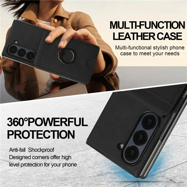For Samsung Galaxy Z Fold5 5G Magnetic Case PC + PU Phone Back Cover with Detachable Card Holder - Black