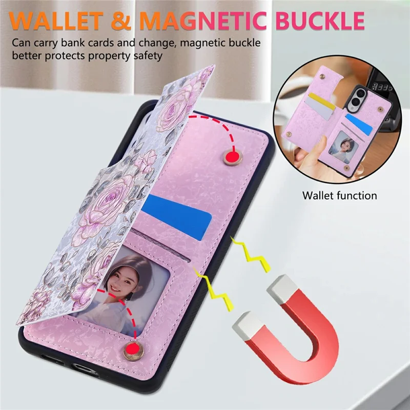 For Samsung Galaxy S25 Edge Case Flower Leather TPU RFID Blocking Phone Cover Card Slots - Rose