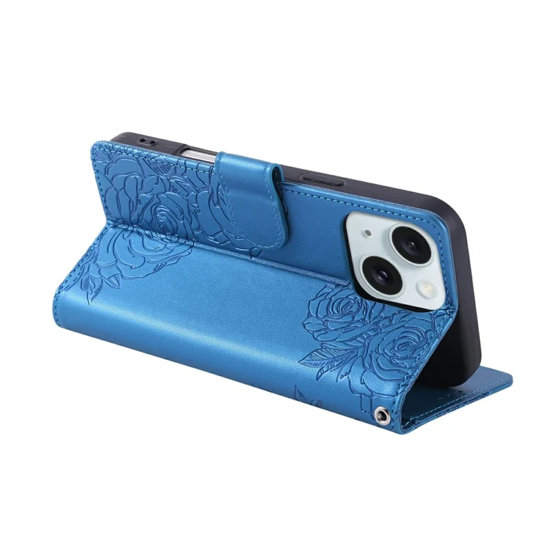 For iPhone 15 Plus / 14 Plus Case Rose Flower PU Leather Wallet Phone Cover with 3 Card Slots - Blue
