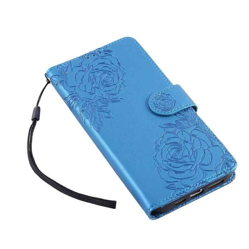 For iPhone 15 Plus / 14 Plus Case Rose Flower PU Leather Wallet Phone Cover with 3 Card Slots - Blue