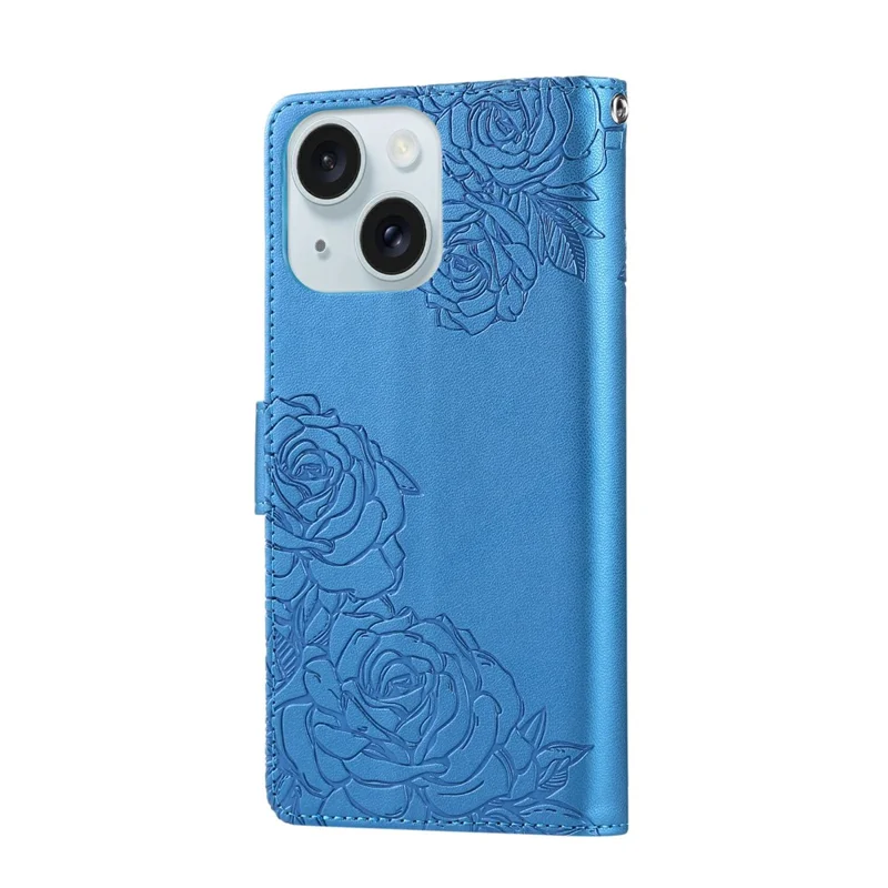For iPhone 15 Plus / 14 Plus Case Rose Flower PU Leather Wallet Phone Cover with 3 Card Slots - Blue
