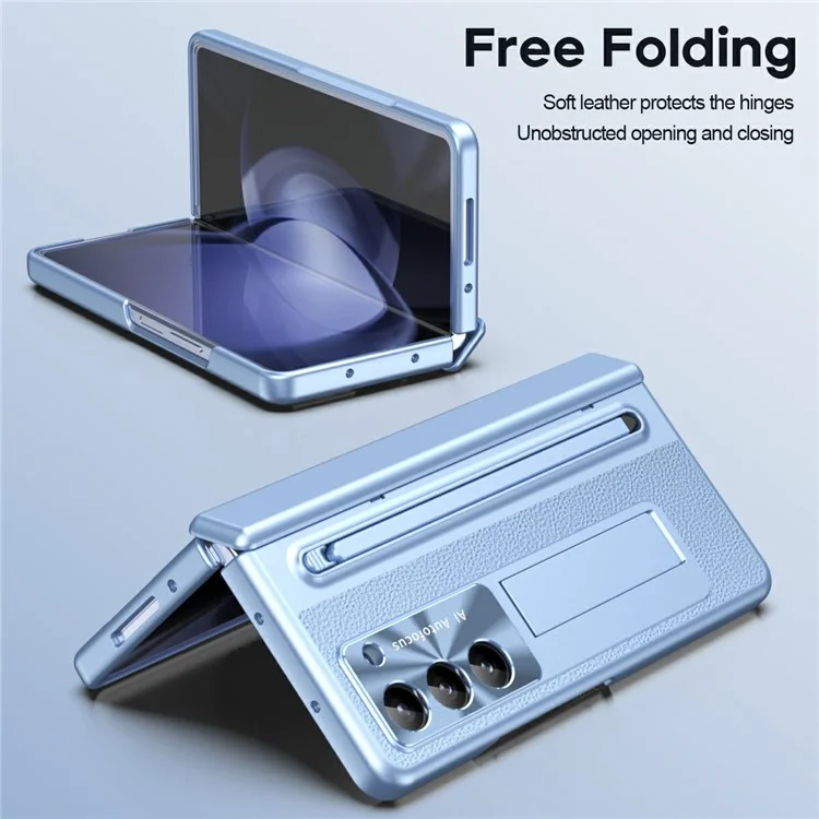 For Samsung Galaxy Z Fold6 5G Case Electroplating Edge PC + PU + Glass Film Phone Cover with Stylus - Blue
