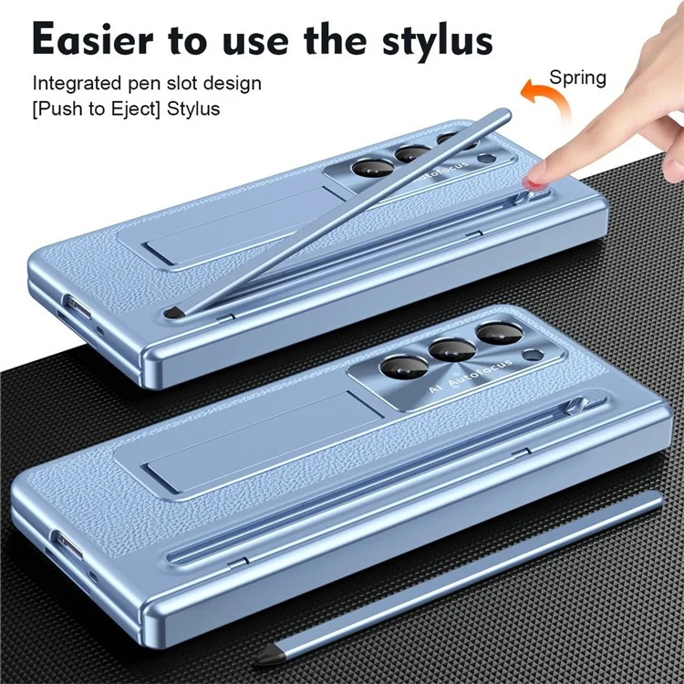 For Samsung Galaxy Z Fold6 5G Case Electroplating Edge PC + PU + Glass Film Phone Cover with Stylus - Blue
