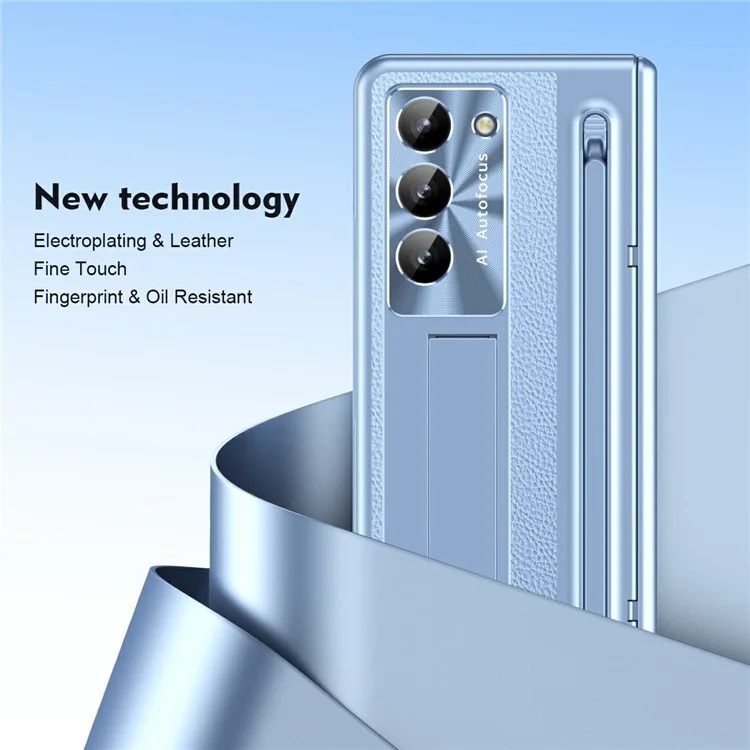 For Samsung Galaxy Z Fold6 5G Case Electroplating Edge PC + PU + Glass Film Phone Cover with Stylus - Blue