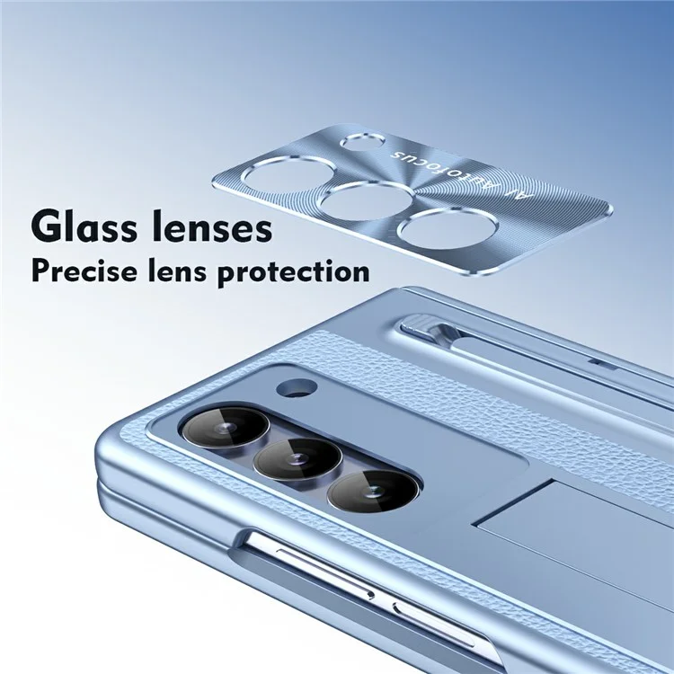For Samsung Galaxy Z Fold6 5G Case Electroplating Edge PC + PU + Glass Film Phone Cover with Stylus - Blue
