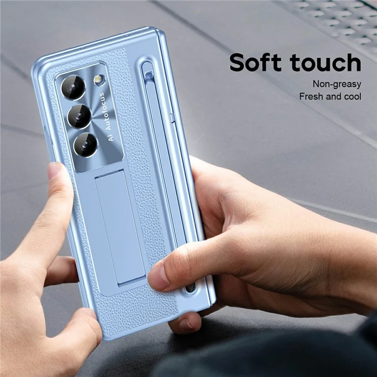 For Samsung Galaxy Z Fold6 5G Case Electroplating Edge PC + PU + Glass Film Phone Cover with Stylus - Blue