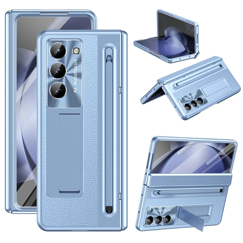 For Samsung Galaxy Z Fold5 5G Case Electroplating Edge PC + PU + Glass Film Phone Cover with Stylus - Blue