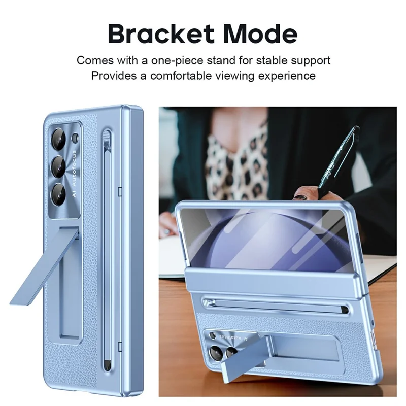 For Samsung Galaxy Z Fold5 5G Case Electroplating Edge PC + PU + Glass Film Phone Cover with Stylus - Blue