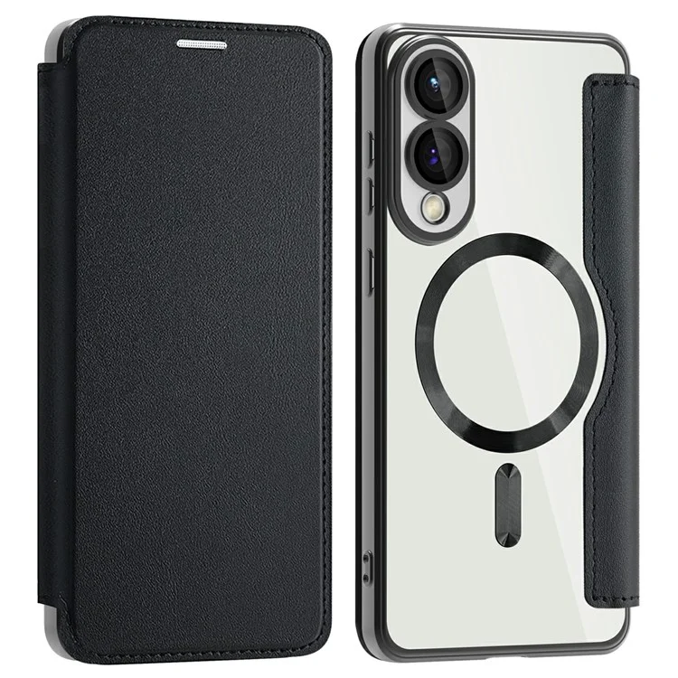 For Samsung Galaxy S25 Edge Case Compatible with MagSafe RFID Blocking Leather Phone Cover - Black