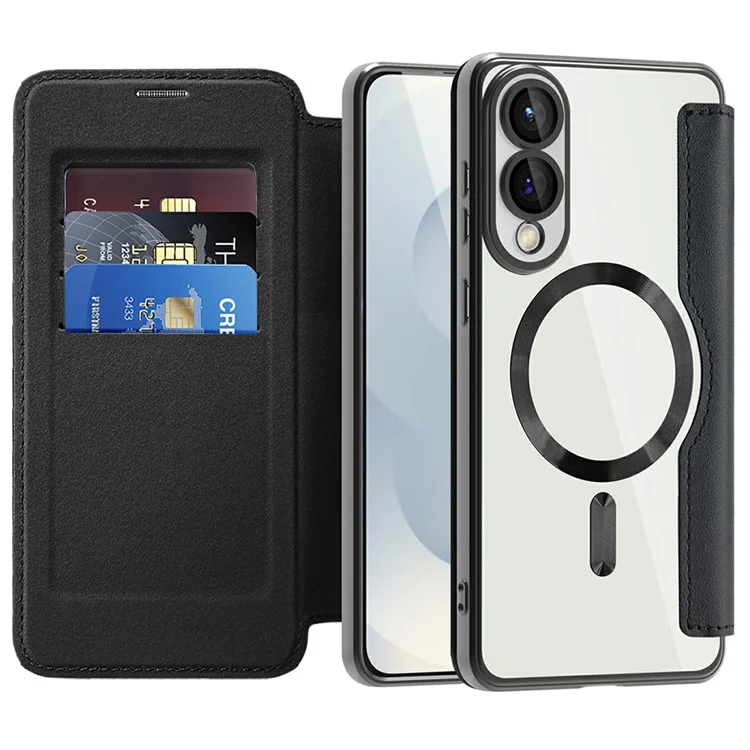 For Samsung Galaxy S25 Edge Case Compatible with MagSafe RFID Blocking Leather Phone Cover - Black