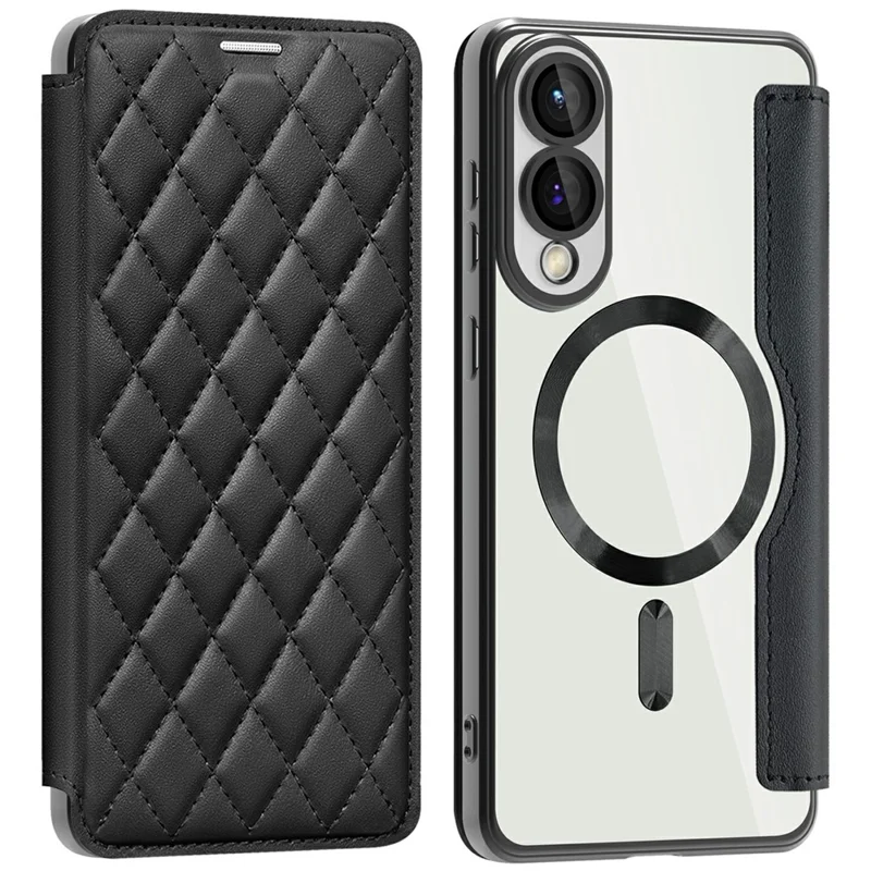 For Samsung Galaxy S25 Edge Magnetic Case Rhombus PU Leather Phone Cover - Black