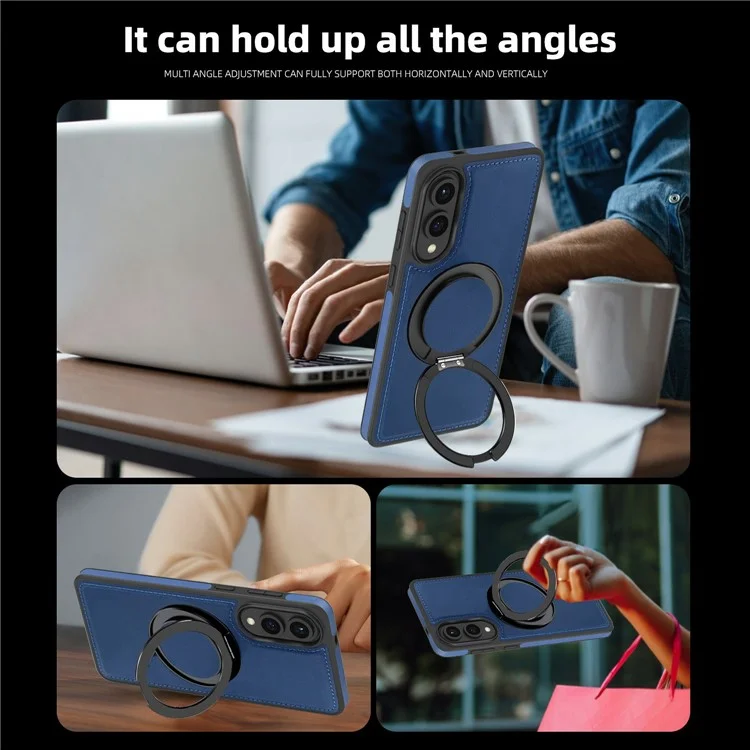 For Samsung Galaxy S25 Edge Case with Ring Kickstand Compatible with MagSafe PU Leather Back Cover - Sapphire