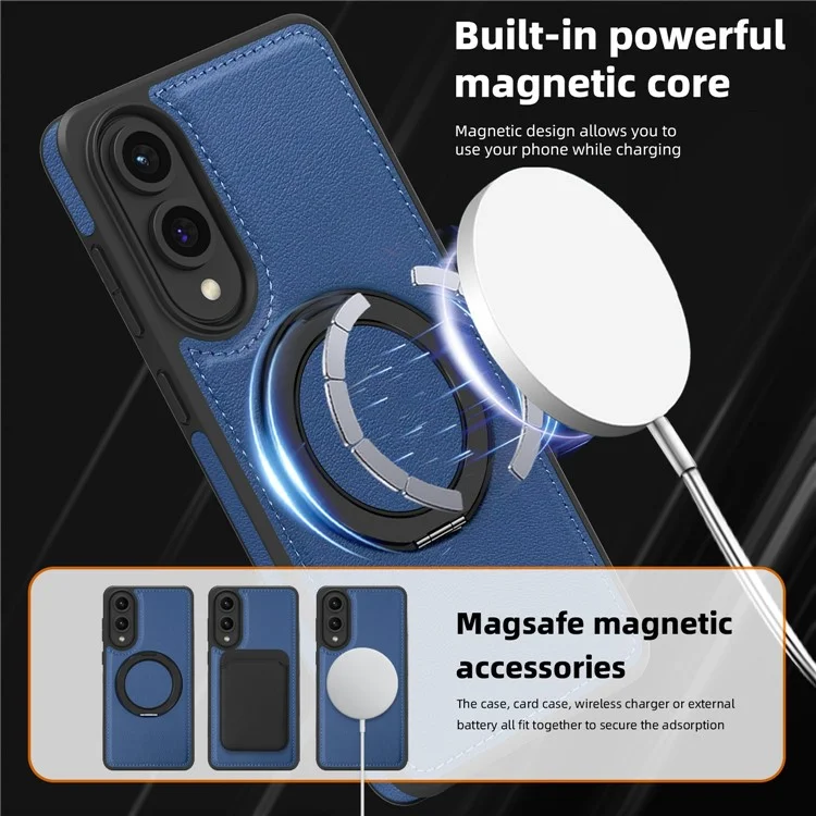 For Samsung Galaxy S25 Edge Case with Ring Kickstand Compatible with MagSafe PU Leather Back Cover - Sapphire