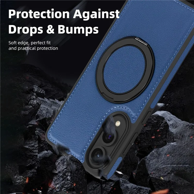For Samsung Galaxy S25 Edge Case with Ring Kickstand Compatible with MagSafe PU Leather Back Cover - Sapphire