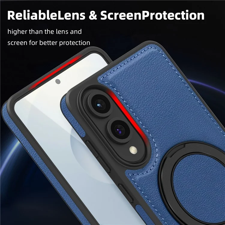 For Samsung Galaxy S25 Edge Case with Ring Kickstand Compatible with MagSafe PU Leather Back Cover - Sapphire