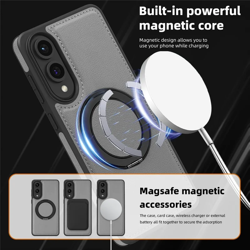 Samsung Galaxy S25 Edge-fodral med ringfot som är kompatibel med MagSafe, ryggskal i PU-läder - Grå