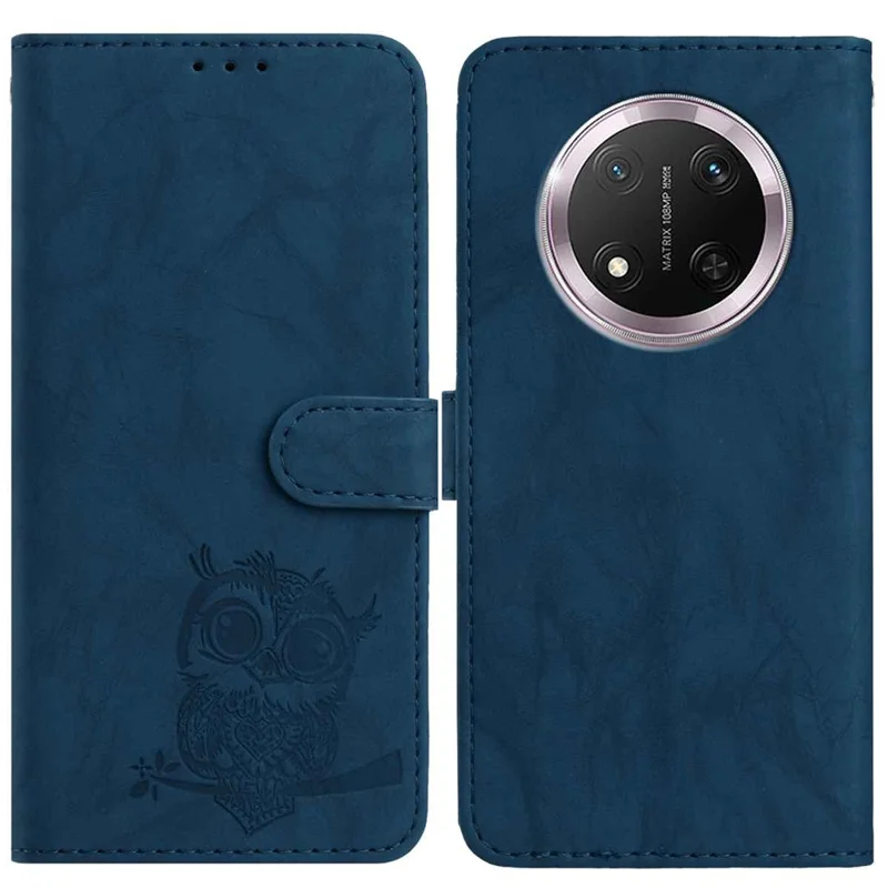 For Honor Magic7 Lite 5G / X9c 5G / X60 Pro 5G Case Owl Imprinted PU Leather Wallet Phone Cover with Wrist Strap - Blue