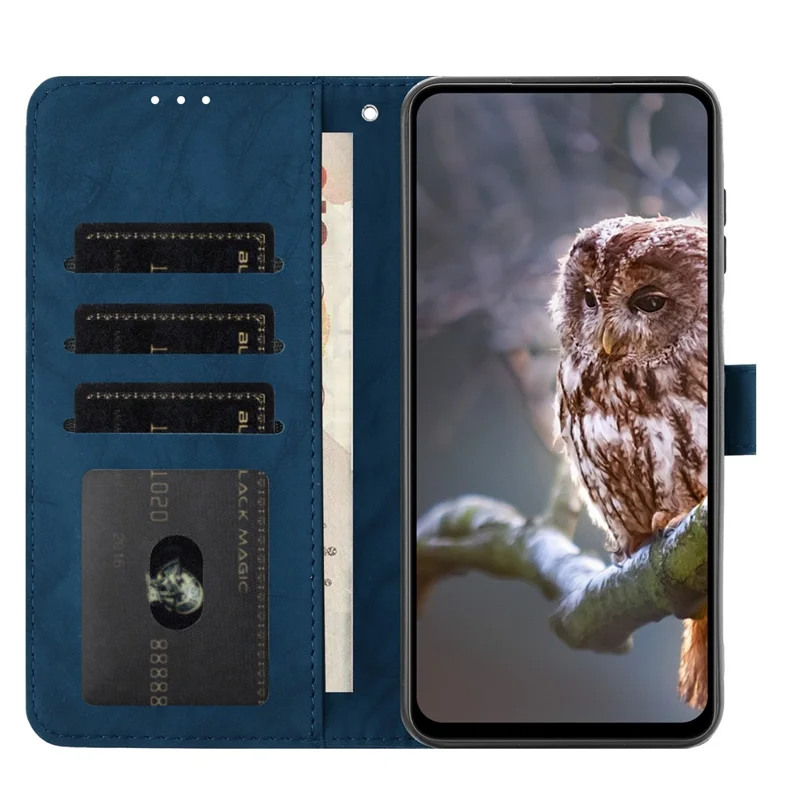 For Honor Magic7 Lite 5G / X9c 5G / X60 Pro 5G Case Owl Imprinted PU Leather Wallet Phone Cover with Wrist Strap - Blue