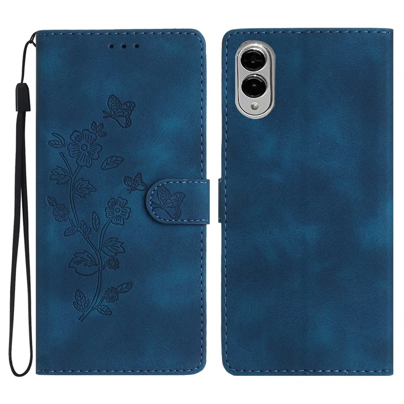 For Samsung Galaxy S25 Edge Case Leather Imprinted Flower Phone Cover Wallet with Wrist Strap - Blue
