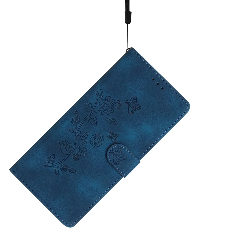 For Samsung Galaxy S25 Edge Case Leather Imprinted Flower Phone Cover Wallet with Wrist Strap - Blue