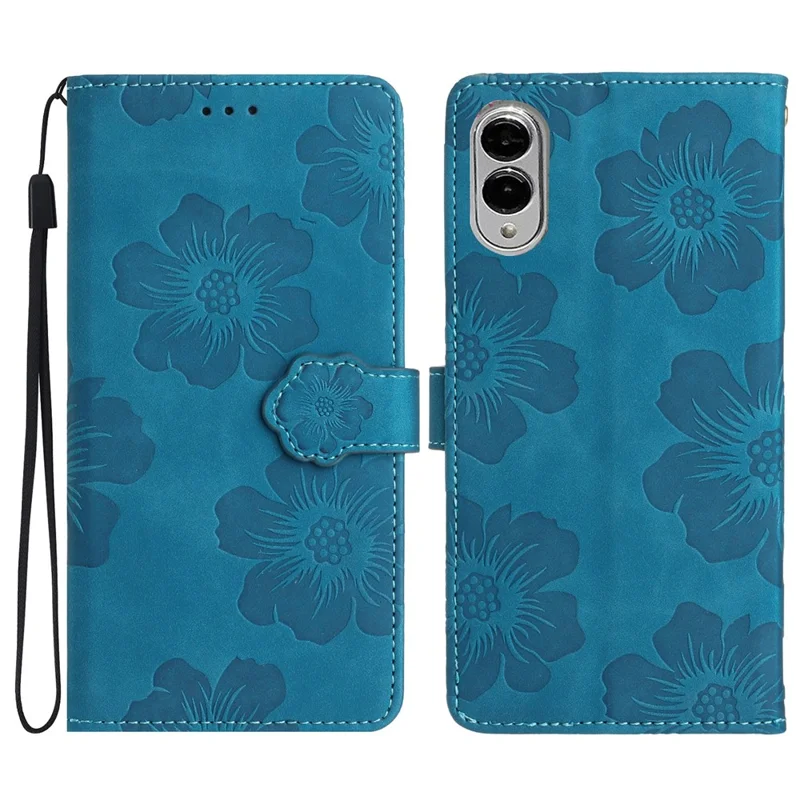 For Samsung Galaxy S25 Edge Case Flower Design Leather Wallet Phone Cover with Wrist Strap - Blue