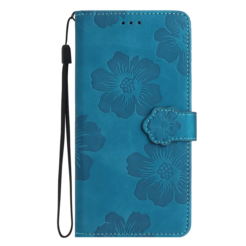 For Samsung Galaxy S25 Edge Case Flower Design Leather Wallet Phone Cover with Wrist Strap - Blue