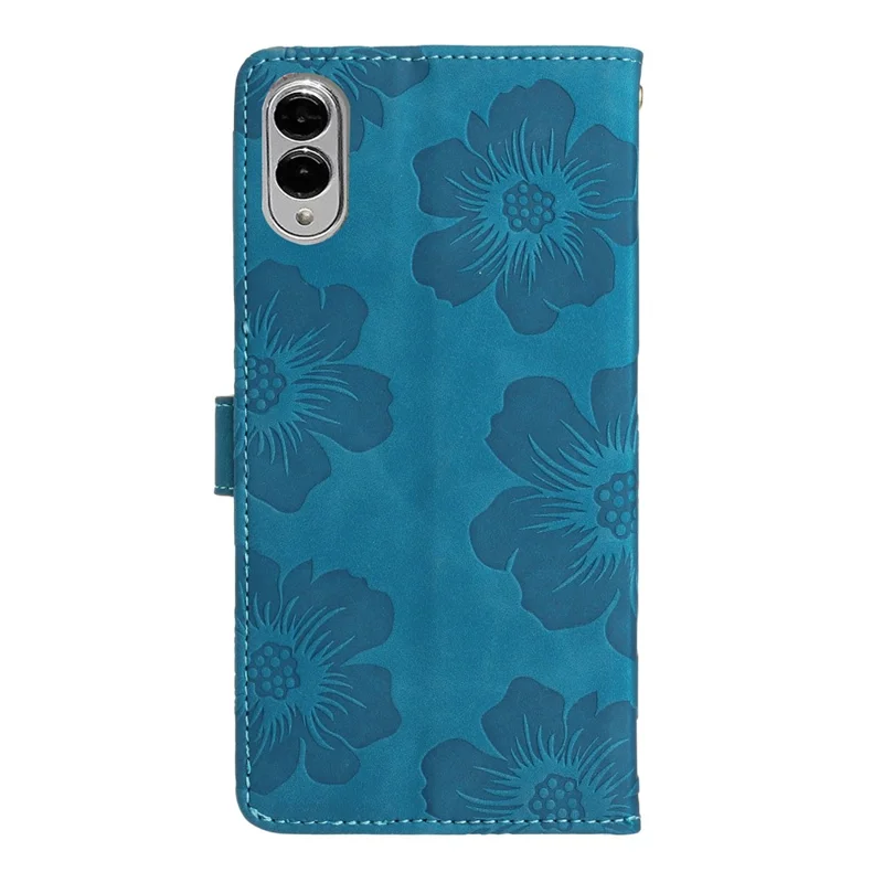 For Samsung Galaxy S25 Edge Case Flower Design Leather Wallet Phone Cover with Wrist Strap - Blue