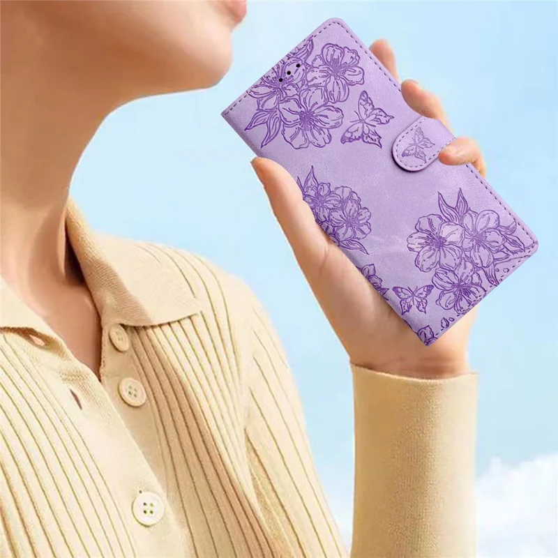 For Samsung Galaxy S25 Edge Case Butterfly Flower Pattern Skin-Touch Leather Phone Cover - Purple