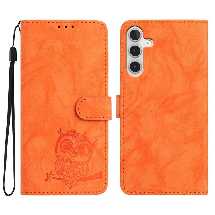 For Samsung Galaxy A56 5G Case Owl Imprinted PU Leather Wallet Phone Cover with Wrist Strap - Orange