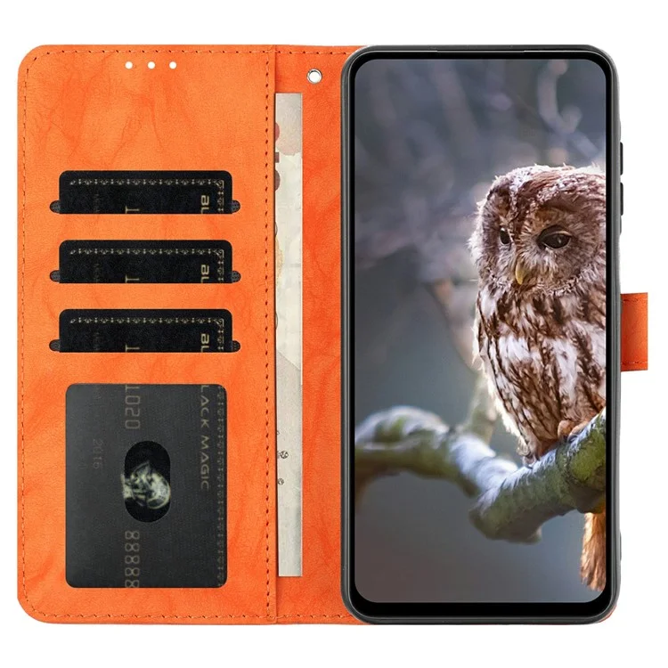 For Samsung Galaxy A56 5G Case Owl Imprinted PU Leather Wallet Phone Cover with Wrist Strap - Orange