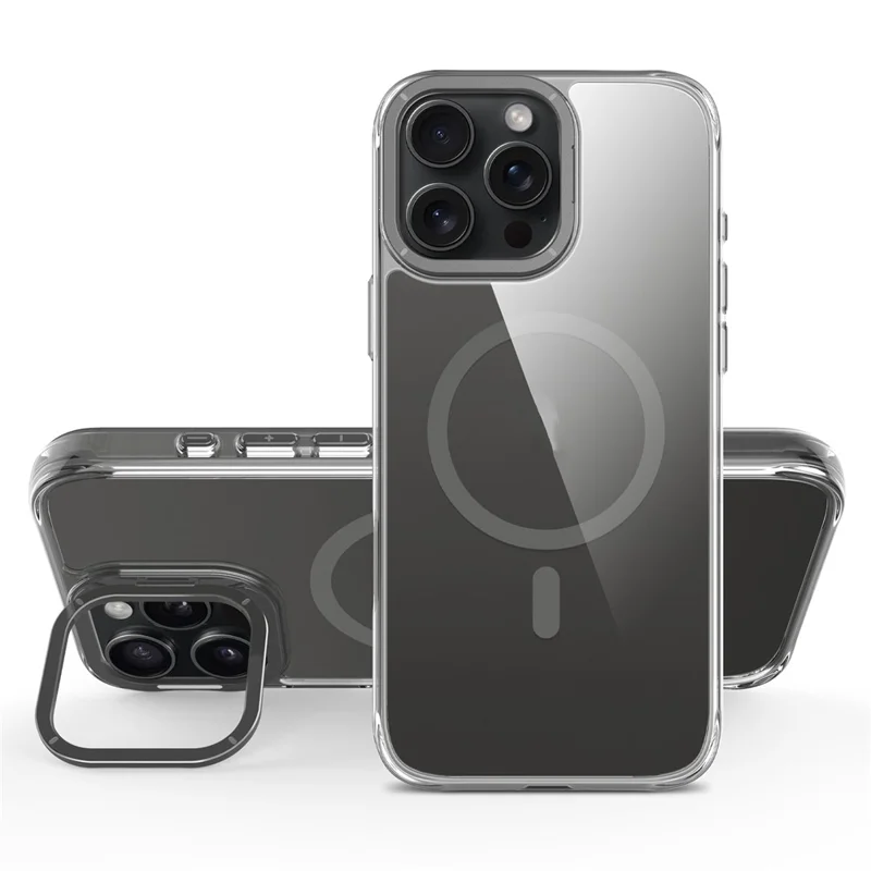 For iPhone 16 Pro Max Magnetic Case Shockproof TPU + PC Phone Back Cover with Metal Lens Kickstand - Black