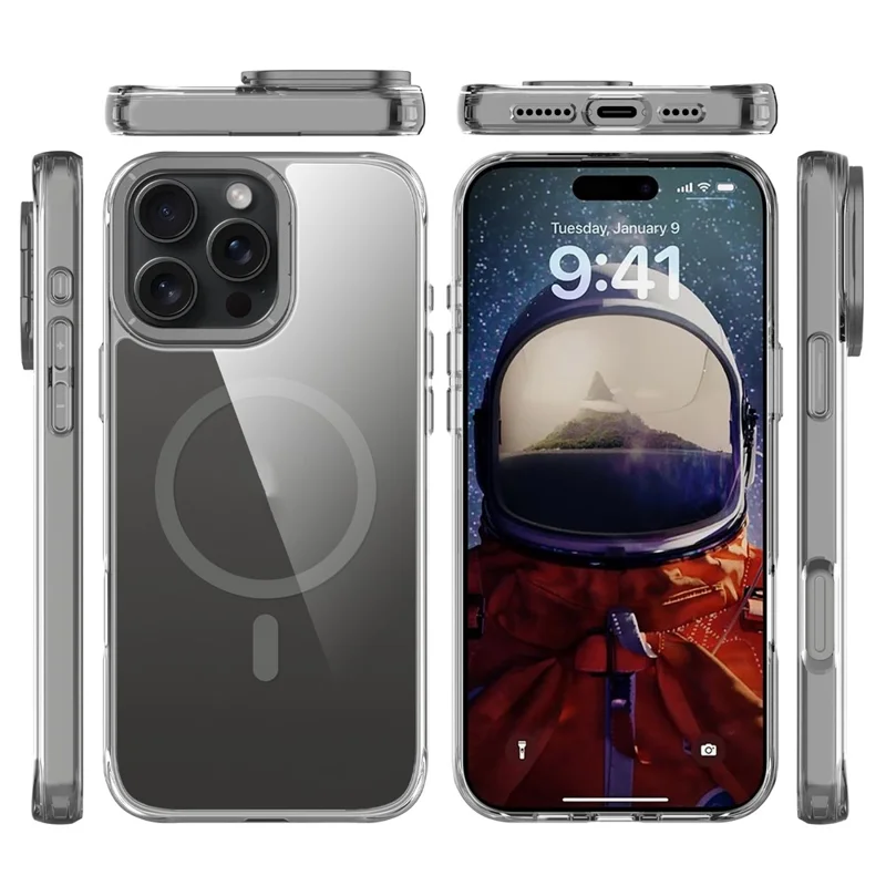 For iPhone 16 Pro Max Magnetic Case Shockproof TPU + PC Phone Back Cover with Metal Lens Kickstand - Black