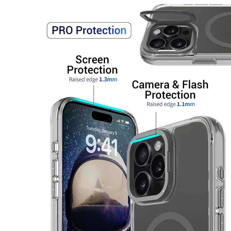 For iPhone 16 Pro Max Magnetic Case Shockproof TPU + PC Phone Back Cover with Metal Lens Kickstand - Black