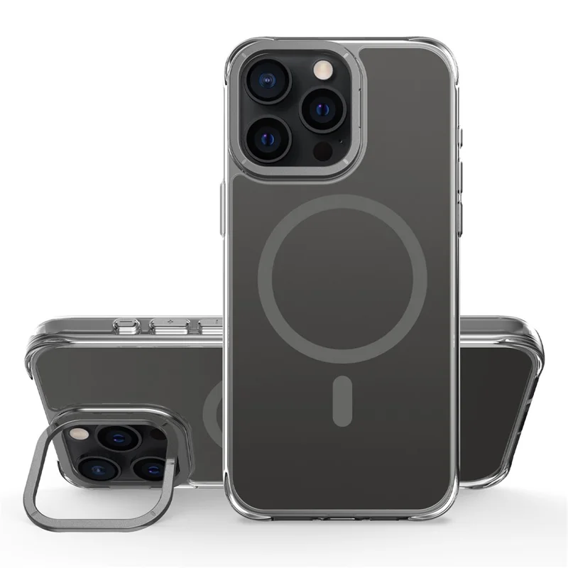 For iPhone 15 Pro Max Magnetic Case Shockproof TPU + PC Phone Back Cover with Metal Lens Kickstand - Black