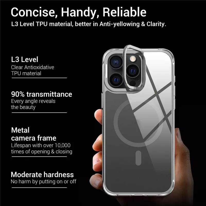 For iPhone 15 Pro Max Magnetic Case Shockproof TPU + PC Phone Back Cover with Metal Lens Kickstand - Black