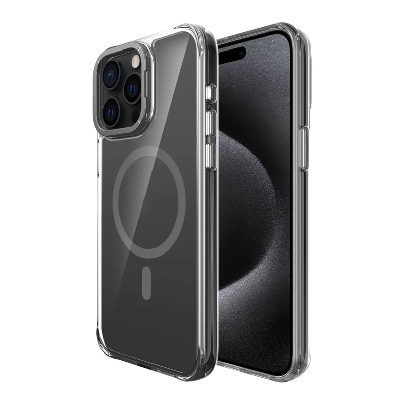 For iPhone 15 Pro Max Magnetic Case Shockproof TPU + PC Phone Back Cover with Metal Lens Kickstand - Black